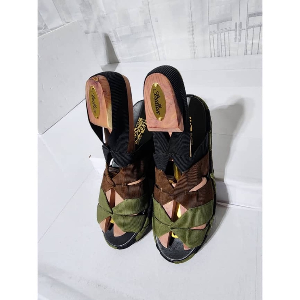 Authentic SALVATORE FERRAGAMO Colorblock Pattern Slingback Sandals Green/Brown - Picture 5 of 13